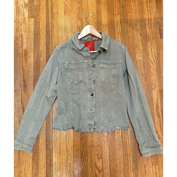 S. Oliver Women's Khaki Green Denim Blend Jacket US 8 UK 12 Button Down Sequins - Picture 1 of 10